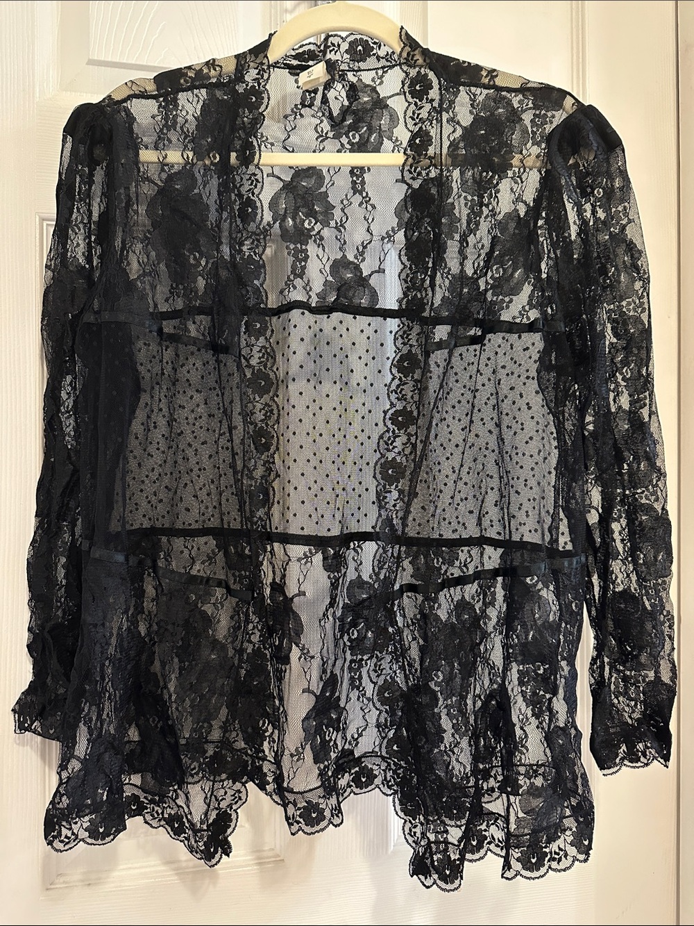 Vintage Black Sheer Lace Long Sleeve Robe